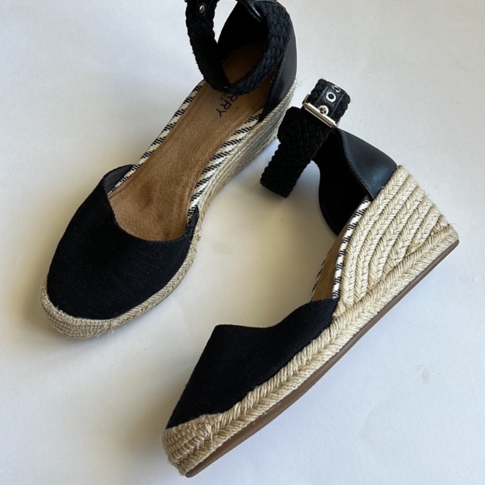 Sperry Black Espadrille Wedge Sandals Ankle Strap Size 8.5